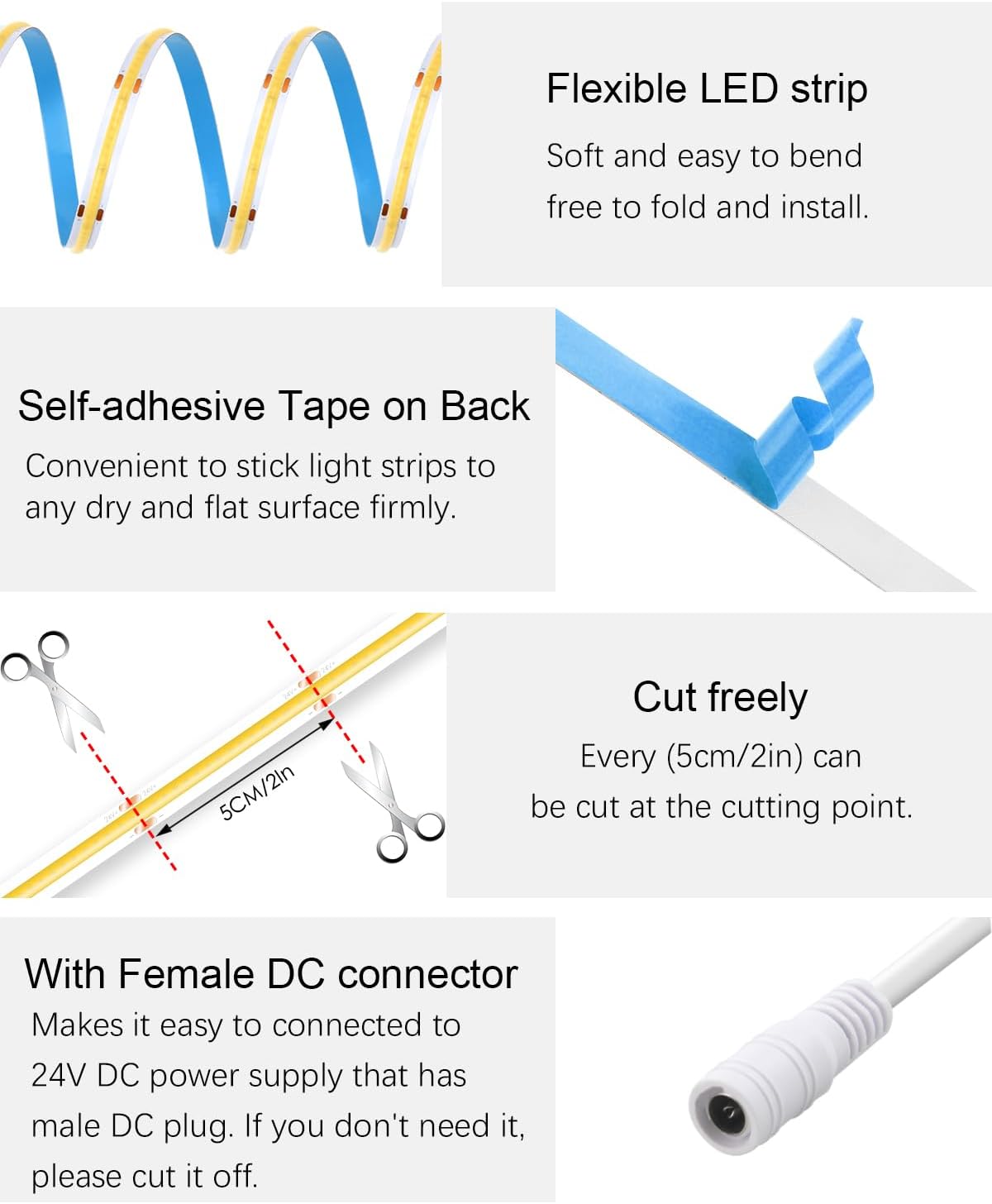 ALITOVE 24V COB LED Strip Lights Warm White 3000K Uniform Glow LED Tape Light 32.8ft 3200 LEDs High Density 320leds/M CRI90 Flexible Dimmable LED Lights for Bedroom Home Cabinet Indoor Decoration - PuriLite