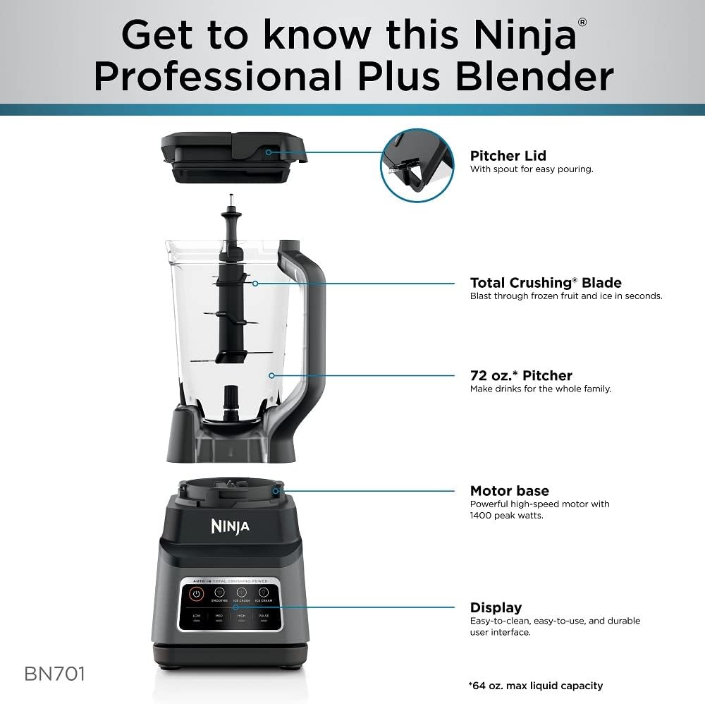 Ninja BN701 Professional Plus Blender, 1400 Peak Watts, 3 Functions for Smoothies, Frozen Drinks & Ice Cream with Auto IQ, 72-oz.* Total Crushing Pitcher & Lid, Dark Grey - PuriLite