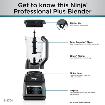 Ninja BN701 Professional Plus Blender, 1400 Peak Watts, 3 Functions for Smoothies, Frozen Drinks & Ice Cream with Auto IQ, 72-oz.* Total Crushing Pitcher & Lid, Dark Grey - PuriLite