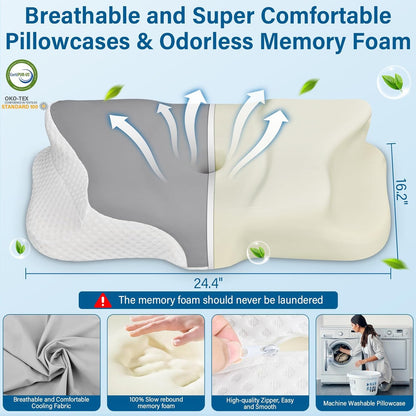 Ehomfory Memory Foam Pillow for Neck Pain Relief, Ergonomic Neck Pillow Cervical Pillow for Shoulder Pain, Cooling Bed Pillow for Side Back Stomach Sleepers - Gray - PuriLite