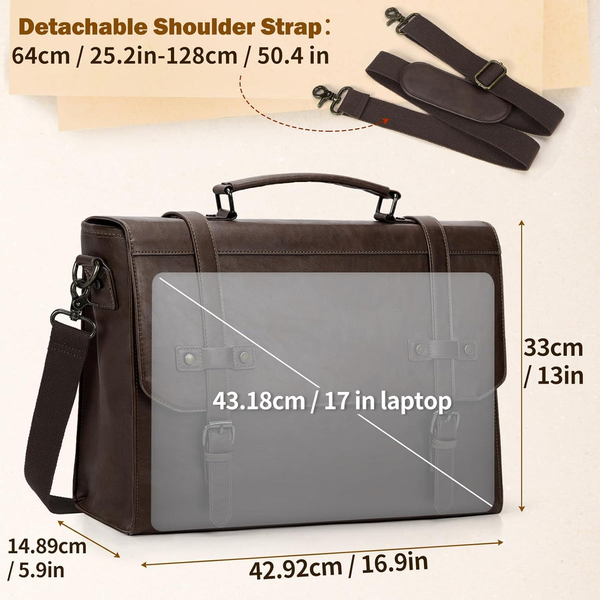 Messenger Bag for Men – 17 Inch Laptop Bag Vintage PU Leather Waterproof Computer Briefcase, Retro Shoulder Satchel - PuriLite