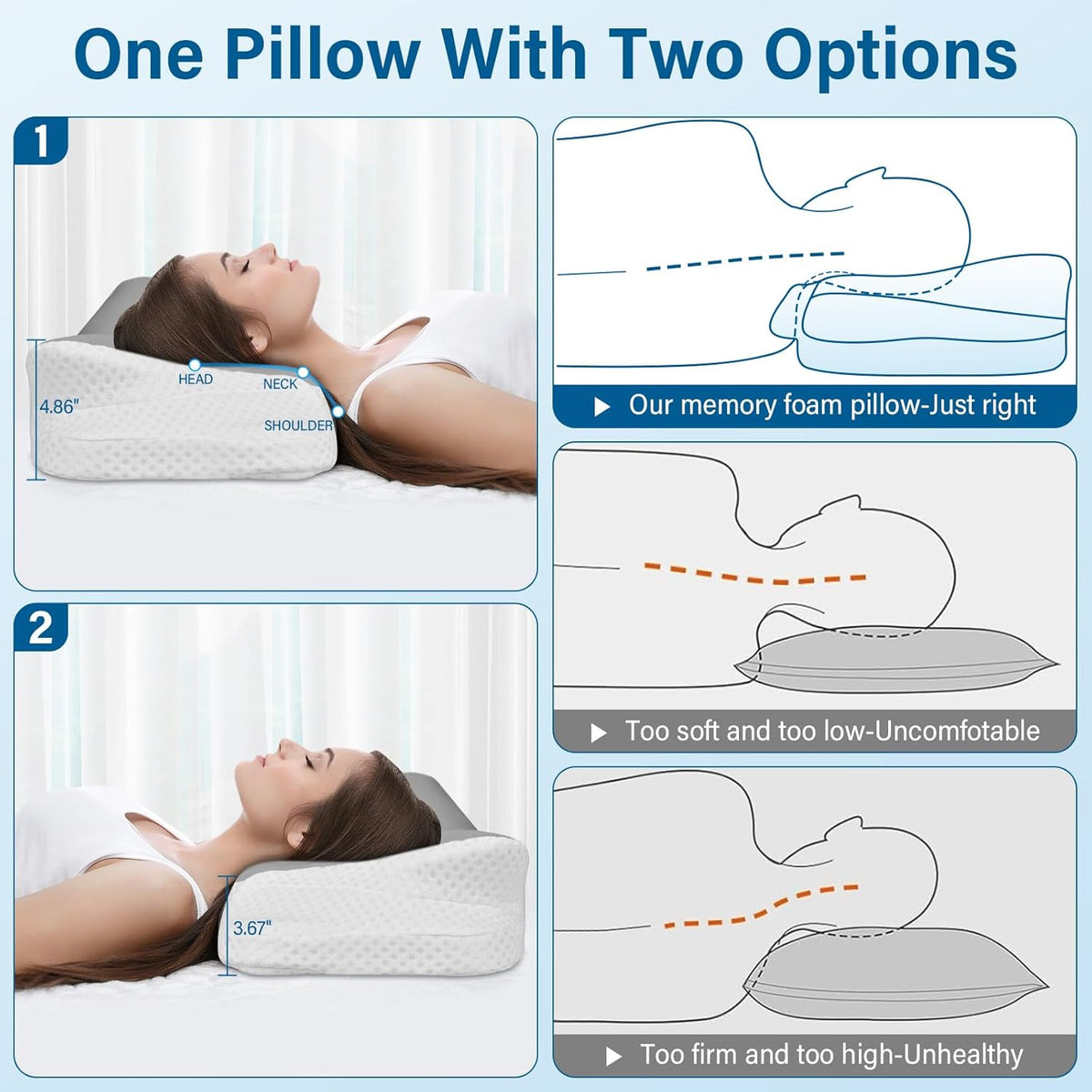 Ehomfory Memory Foam Pillow for Neck Pain Relief, Ergonomic Neck Pillow Cervical Pillow for Shoulder Pain, Cooling Bed Pillow for Side Back Stomach Sleepers - Gray - PuriLite