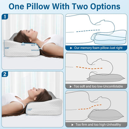Ehomfory Memory Foam Pillow for Neck Pain Relief, Ergonomic Neck Pillow Cervical Pillow for Shoulder Pain, Cooling Bed Pillow for Side Back Stomach Sleepers - Gray - PuriLite