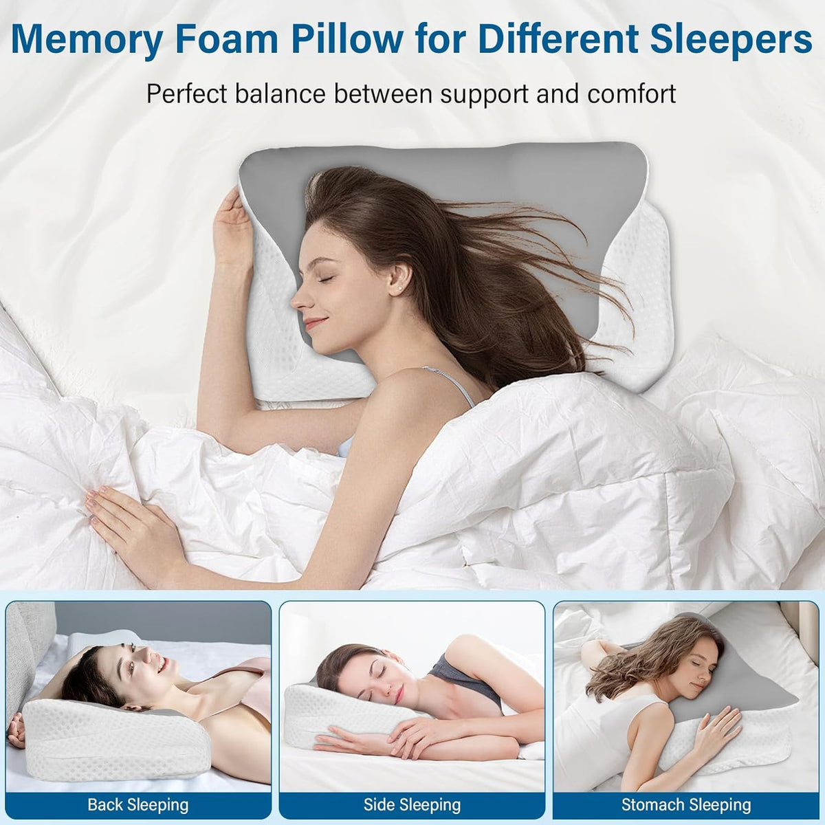 Ehomfory Memory Foam Pillow for Neck Pain Relief, Ergonomic Neck Pillow Cervical Pillow for Shoulder Pain, Cooling Bed Pillow for Side Back Stomach Sleepers - Gray - PuriLite