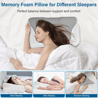 Ehomfory Memory Foam Pillow for Neck Pain Relief, Ergonomic Neck Pillow Cervical Pillow for Shoulder Pain, Cooling Bed Pillow for Side Back Stomach Sleepers - Gray - PuriLite