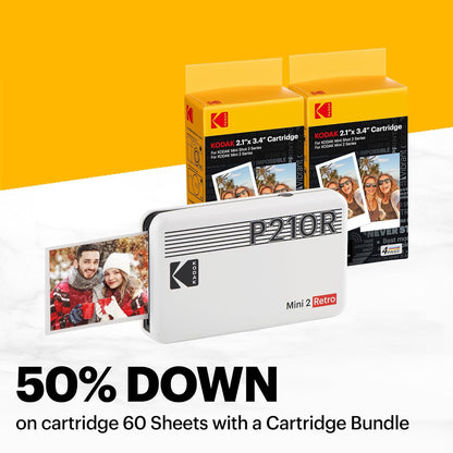 KODAK Mini 2 Retro 4PASS Portable Photo Printer (2.1x3.4 inches) + 68 Sheets Bundle (8 Initial Sheets + 60 Sheets Pack), White - PuriLite