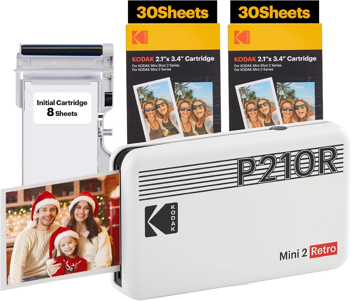 KODAK Mini 2 Retro 4PASS Portable Photo Printer (2.1x3.4 inches) + 68 Sheets Bundle (8 Initial Sheets + 60 Sheets Pack), White - PuriLite