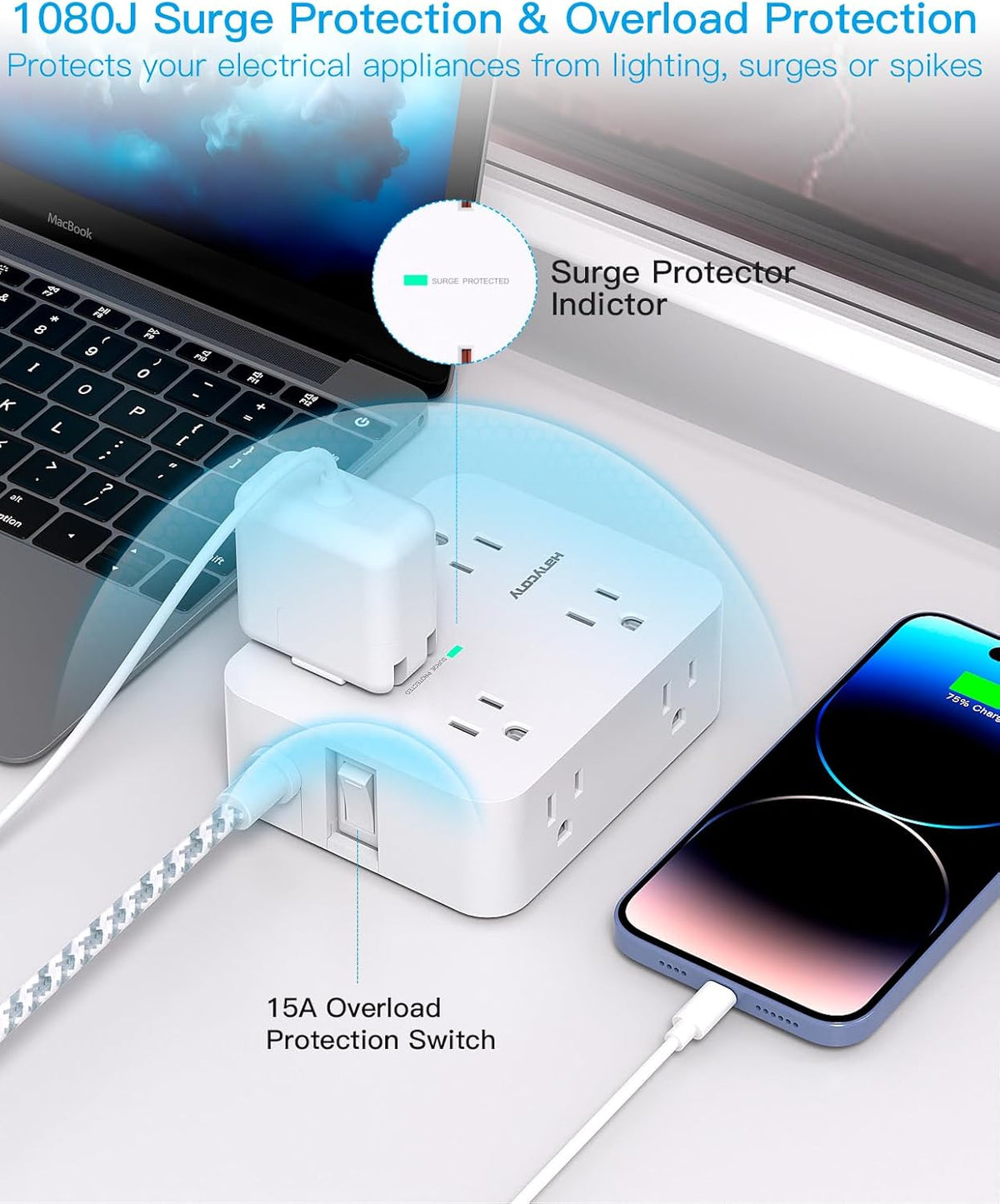 Surge Protector Power Bar with USB-C, 8 Outlet Power Strip with 4 USB Ports, Flat Plug and Braided Extension Cord, Wall Mount Desk Charging Station for Home Office and Dorm - PuriLite
