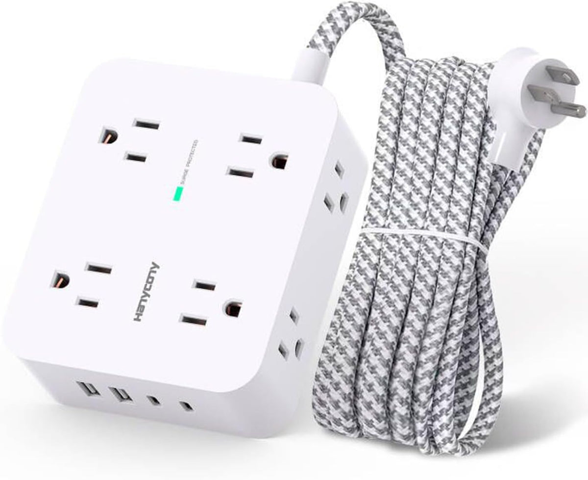 Surge Protector Power Bar with USB-C, 8 Outlet Power Strip with 4 USB Ports, Flat Plug and Braided Extension Cord, Wall Mount Desk Charging Station for Home Office and Dorm - PuriLite