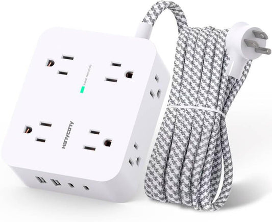 Surge Protector Power Bar with USB-C, 8 Outlet Power Strip with 4 USB Ports, Flat Plug and Braided Extension Cord, Wall Mount Desk Charging Station for Home Office and Dorm - PuriLite