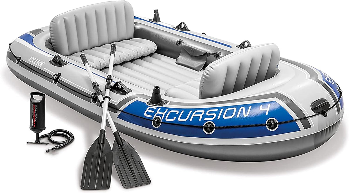INTEX Excursion Inflatable Boat Series: Includes Deluxe 54in Boat Oars and High-Output Pump – SuperTough PVC – Adjustable Seats with Backrest – Fishing Rod Holders – Welded Oar Locks - PuriLite