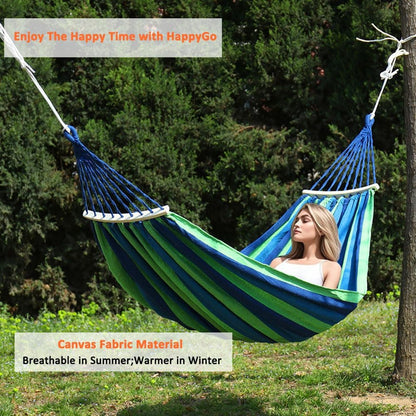 HappyGo 550lbs Camping Hammock Durable Canvas Fabric 9ft Hammock with Two Anti Roll Spreader Bar and Tree Straps for Backyard,Travel,Porch,Beach,Backpacking - PuriLite