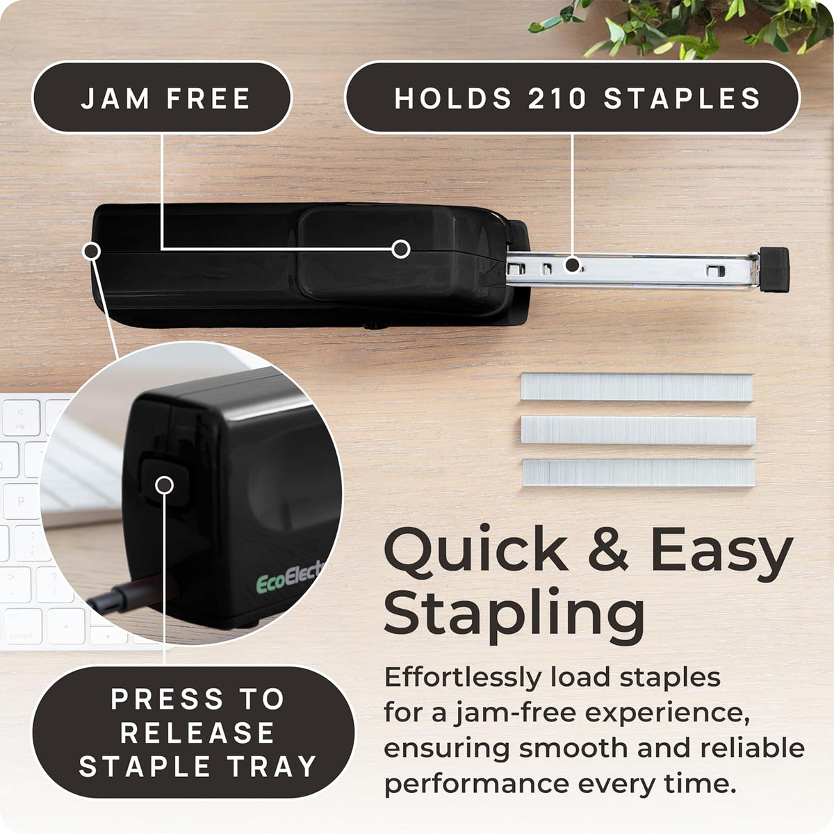 EcoElectronix Portable Automatic Electric Stapler - 30 Sheet Capacity, Quiet Operation, Jam-Free and Easy Reload - AC Adapter/Battery Powered, (Black) - PuriLite