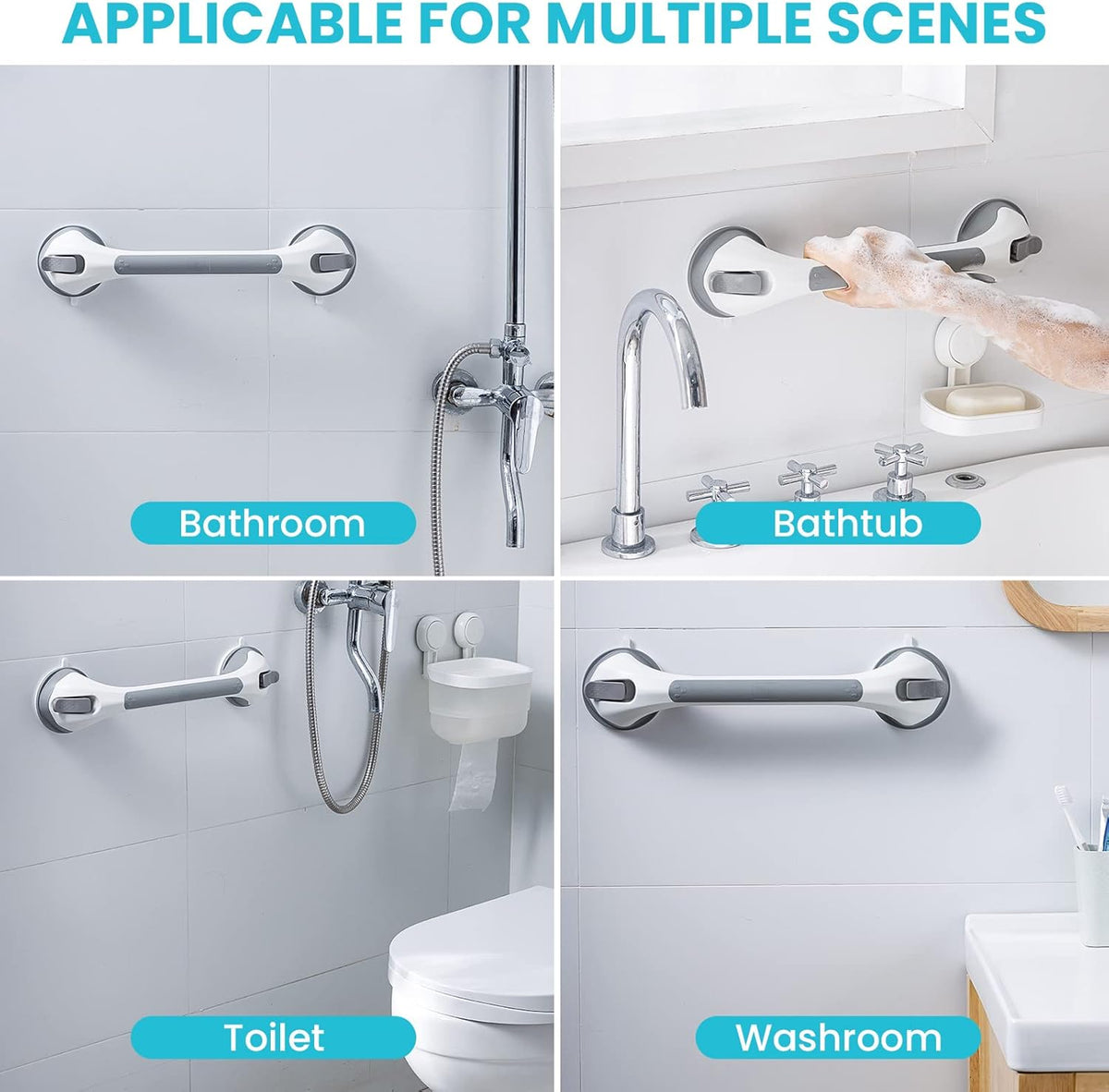 TAILI Shower Suction Cup Grab Bar Bathtubs Handrails for Seniors Elderly, No Drilling Waterproof, Grey, 2 Pack, 16 Inch - PuriLite