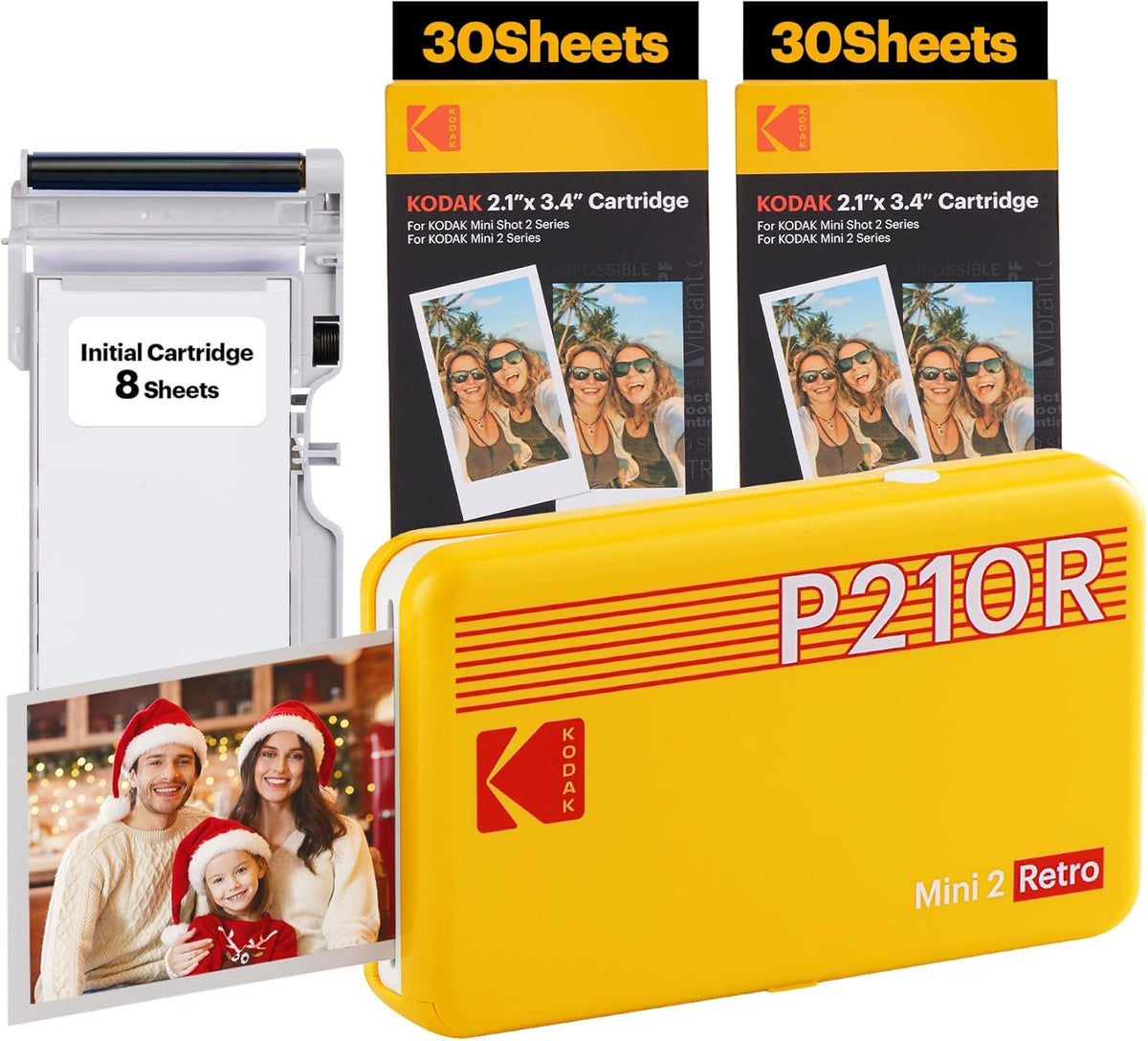 KODAK Mini 2 Retro 4PASS Portable Photo Printer (2.1x3.4 inches) + 68 Sheets Bundle (8 Initial Sheets + 60 Sheets Pack), Yellow - PuriLite