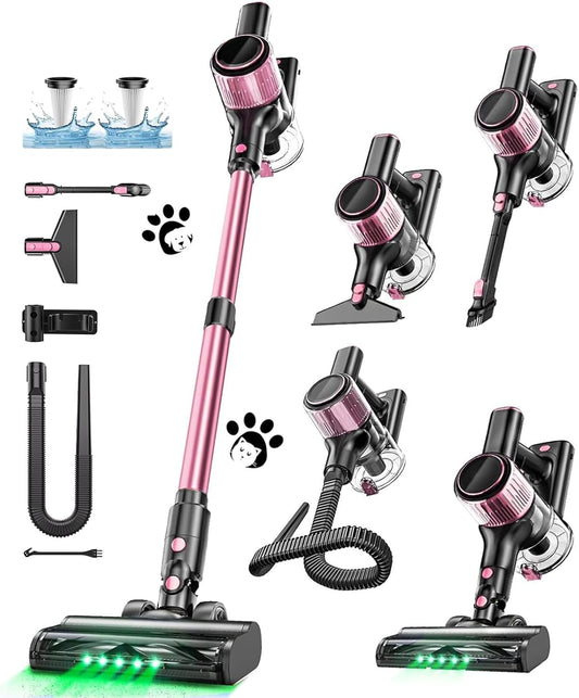 Cordless Vacuum Cleaner, 10 in 1 Stick Vacuum with Powerful Suction, Hose, Green LED Light, Anti-Tangle Brush, Lightweight Rechargeable Vacuum Cleaner for Home, Hardwood Floors, Pet Hair (Pink) - PuriLite