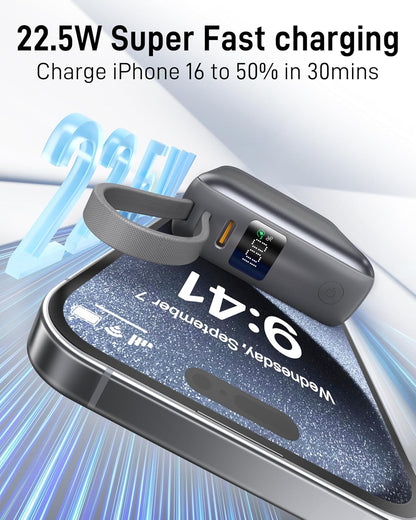 Small Portable Charger, 22.5W Fast Charging Mini Power Bank 10000mAh with Built-in Cables LED Display, Travel Essential USB-C Battery Pack Compatible with iPhone,Samsung,Android (Gray) - PuriLite