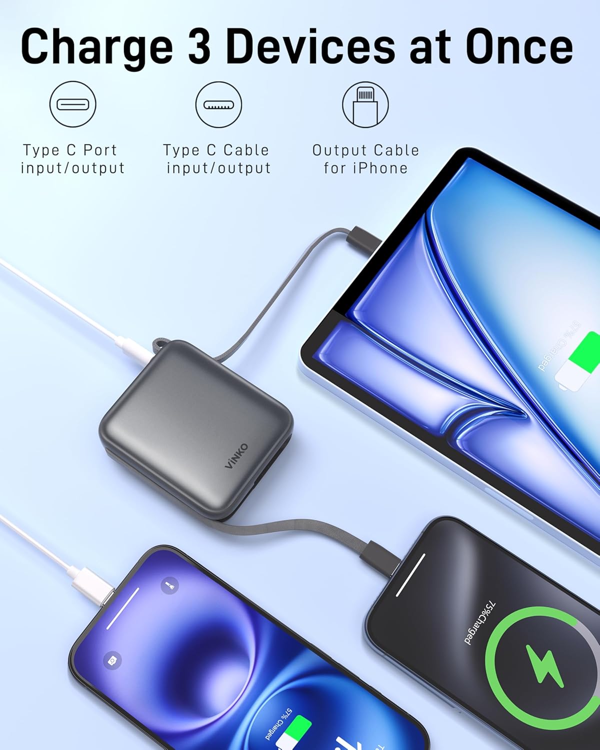 Small Portable Charger, 22.5W Fast Charging Mini Power Bank 10000mAh with Built-in Cables LED Display, Travel Essential USB-C Battery Pack Compatible with iPhone,Samsung,Android (Gray) - PuriLite