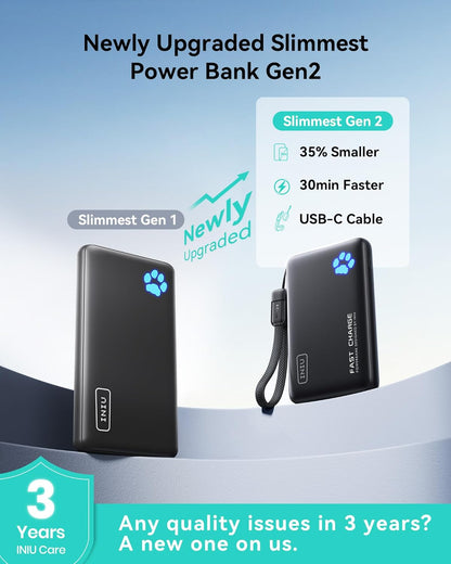 INIU Portable Charger, Lightest 10000mAh 45W PD Power Bank, USB C in&Out Fast Charging Battery Pack, External Phone Powerbank Compatible with iPhone 16 15 14 13 Samsung S22 S21 Google iPad etc - PuriLite