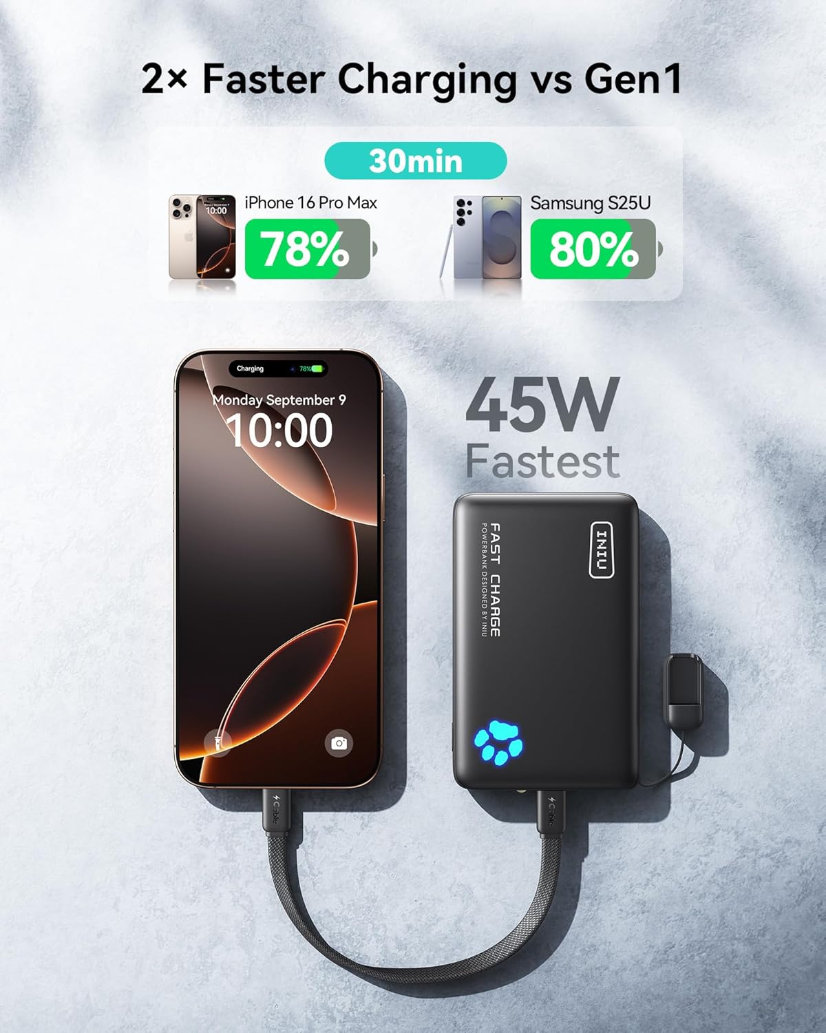 INIU Portable Charger, Lightest 10000mAh 45W PD Power Bank, USB C in&Out Fast Charging Battery Pack, External Phone Powerbank Compatible with iPhone 16 15 14 13 Samsung S22 S21 Google iPad etc - PuriLite