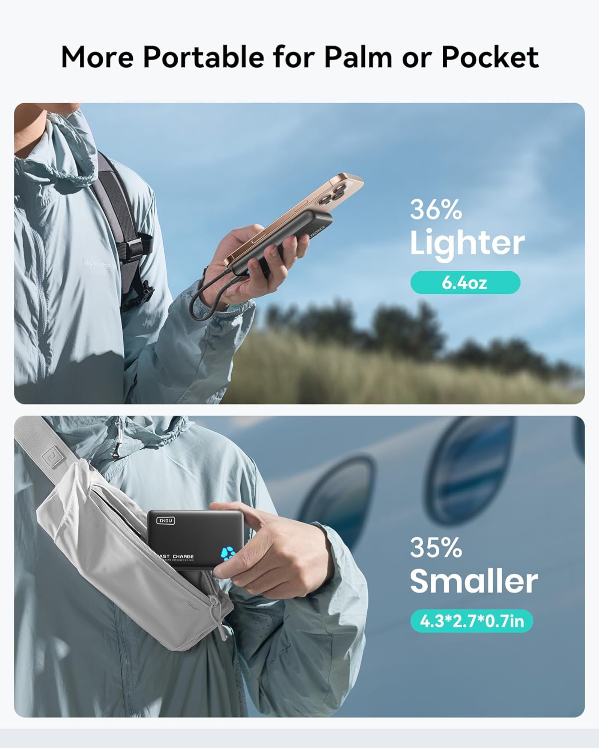 INIU Portable Charger, Lightest 10000mAh 45W PD Power Bank, USB C in&Out Fast Charging Battery Pack, External Phone Powerbank Compatible with iPhone 16 15 14 13 Samsung S22 S21 Google iPad etc - PuriLite
