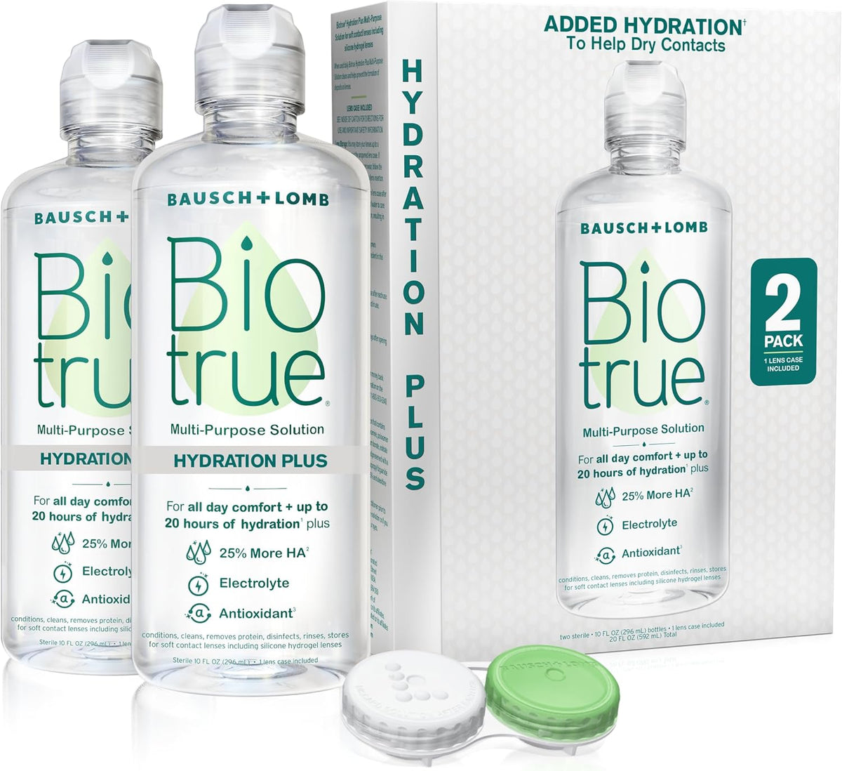 Biotrue Hydration Plus Contact Lens Solution, Multi-Purpose Solution for Soft Contact Lenses, Lens Case Included, 10 FL OZ (Pack of 2) - PuriLite