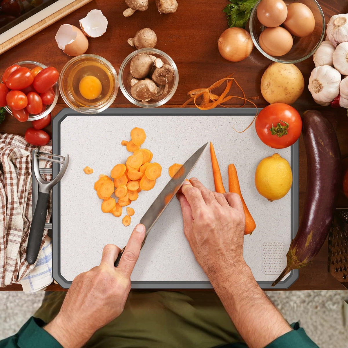 Titanium Cutting Boards for Kitchen, Large 16x11 Inch Pure Titanium and Wheat Straw PP Double Sided Chopping Board, Dishwasher Safe, Easy to Clean - PuriLite