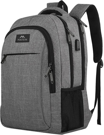 MATEIN Travel Laptop Backpack, Business Anti Theft Slim Sturdy Laptops Backpack with USB Charging Port, Water Resistant College School Computer Bag Gift for Men & Women Fits 15.6 Inch Notebook, Grey - PuriLite