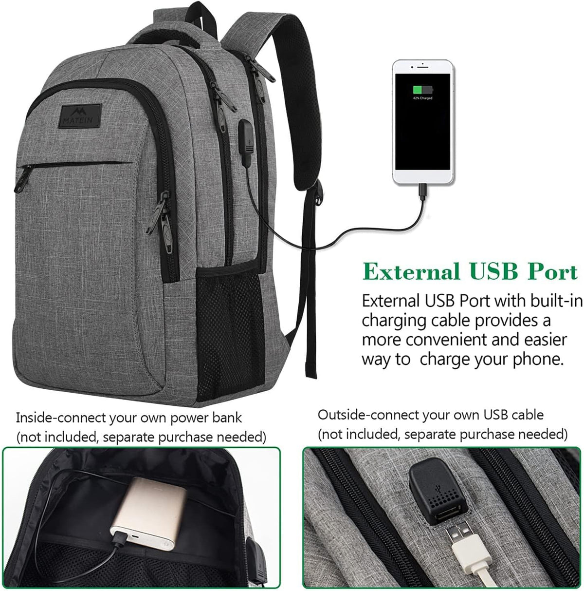 MATEIN Travel Laptop Backpack, Business Anti Theft Slim Sturdy Laptops Backpack with USB Charging Port, Water Resistant College School Computer Bag Gift for Men & Women Fits 15.6 Inch Notebook, Grey - PuriLite