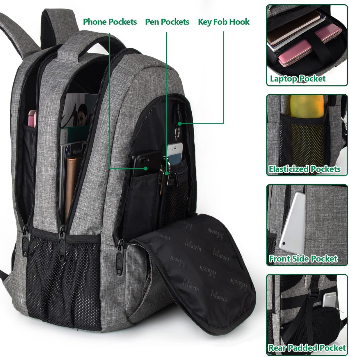 MATEIN Travel Laptop Backpack, Business Anti Theft Slim Sturdy Laptops Backpack with USB Charging Port, Water Resistant College School Computer Bag Gift for Men & Women Fits 15.6 Inch Notebook, Grey - PuriLite