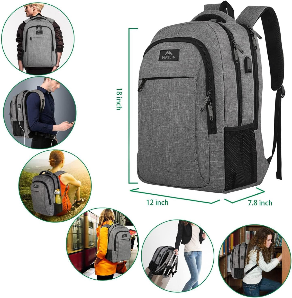 MATEIN Travel Laptop Backpack, Business Anti Theft Slim Sturdy Laptops Backpack with USB Charging Port, Water Resistant College School Computer Bag Gift for Men & Women Fits 15.6 Inch Notebook, Grey - PuriLite