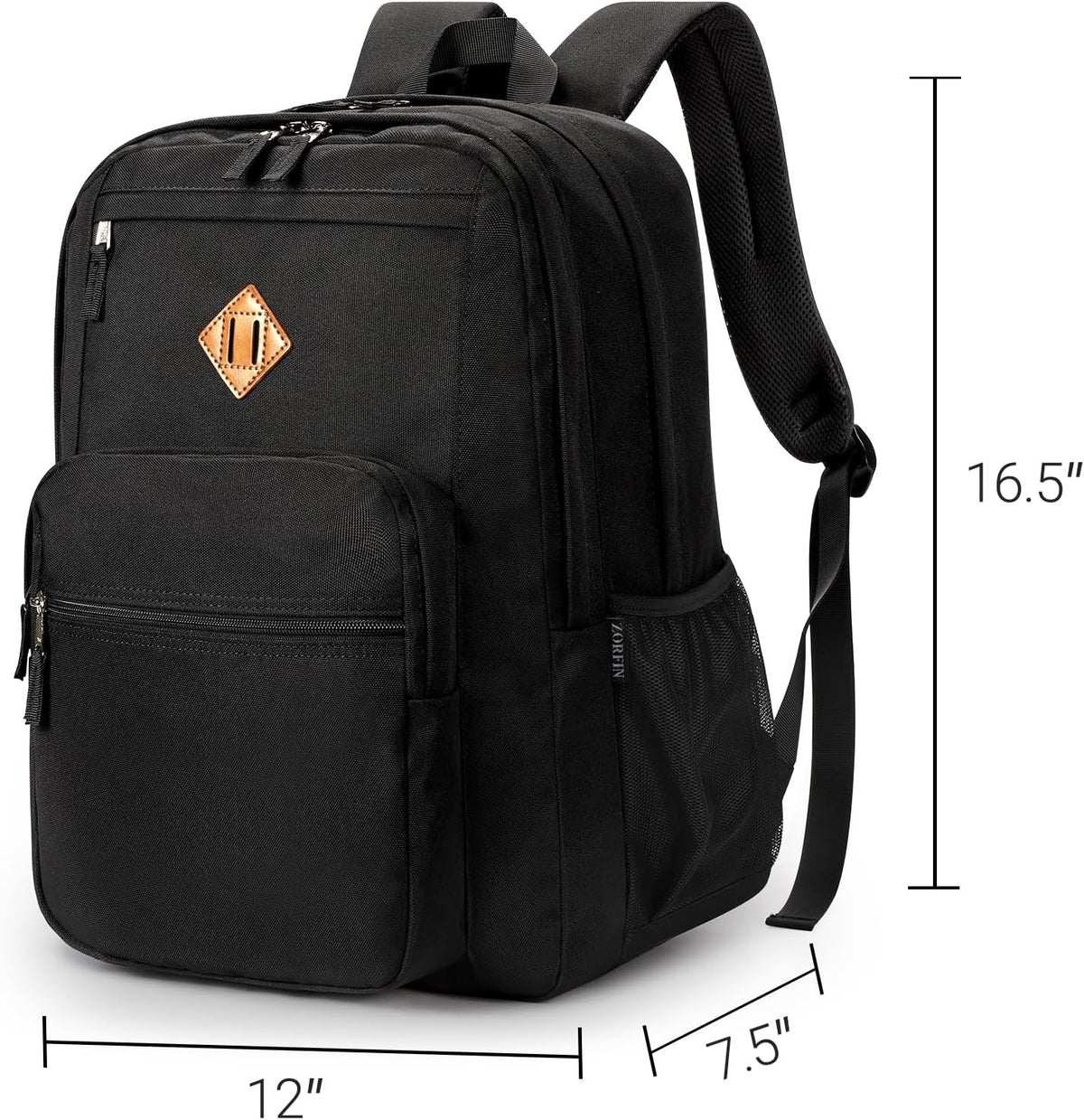 ZORFIN 26L Black Backpack for School, College, and Travel: Water Resistant Bookbag with 8 Compartments - PuriLite
