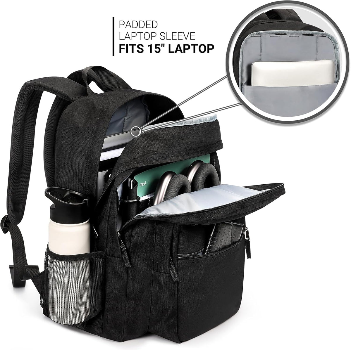 ZORFIN 26L Black Backpack for School, College, and Travel: Water Resistant Bookbag with 8 Compartments - PuriLite