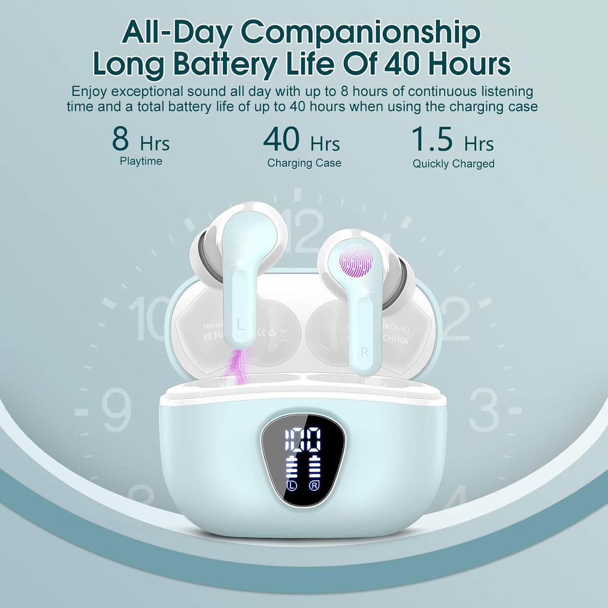 Wireless Earbuds, Bluetooth 5.4 Headphones HiFi Stereo, Bluetooth Earbuds with ENC Noise Cancelling Mic, IP7 Waterproof in Ear Earphones, 48H, LED Display Ear buds for Pad Workout Sports, Azure - PuriLite