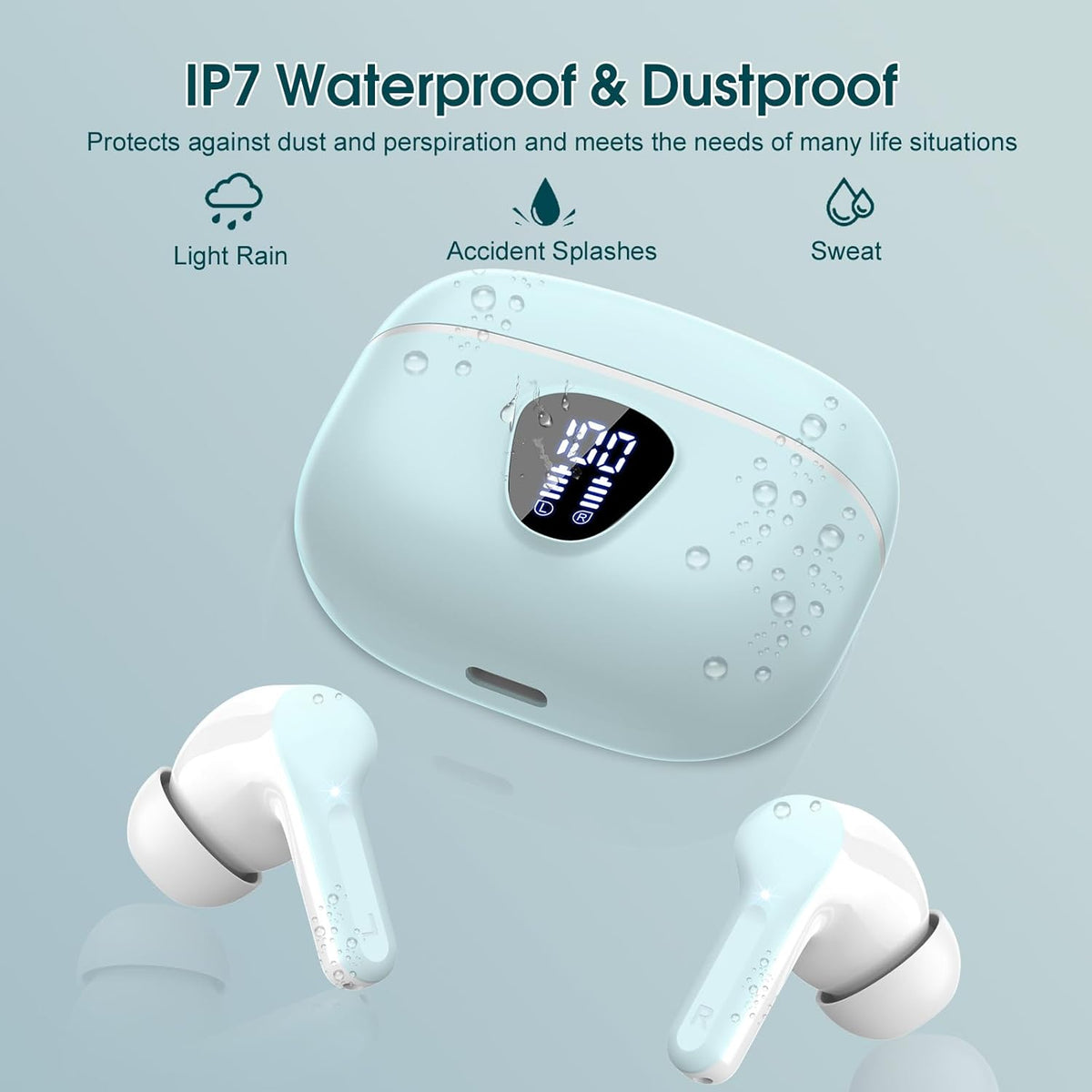 Wireless Earbuds, Bluetooth 5.4 Headphones HiFi Stereo, Bluetooth Earbuds with ENC Noise Cancelling Mic, IP7 Waterproof in Ear Earphones, 48H, LED Display Ear buds for Pad Workout Sports, Azure - PuriLite