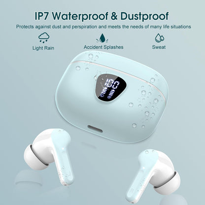 Wireless Earbuds, Bluetooth 5.4 Headphones HiFi Stereo, Bluetooth Earbuds with ENC Noise Cancelling Mic, IP7 Waterproof in Ear Earphones, 48H, LED Display Ear buds for Pad Workout Sports, Azure - PuriLite