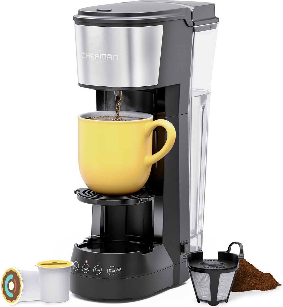 Chefman Single Serve Coffee Maker, K Cup Coffee Machine: Compatible with K-Cup Pods and Ground Coffee, Brew 6 to 12oz Cup Drip Coffee Maker, 40oz Water Reservoir, Cup Lift, Filter Included - PuriLite