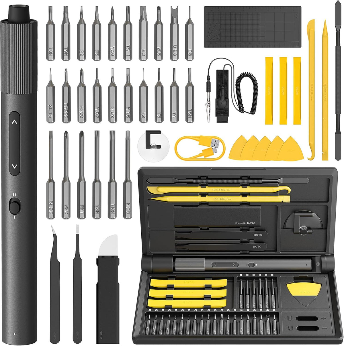 HOTO Electric Precision Screwdriver Kit, 46-in-1 Rechargeable Screwdriver Kit, Cordless Mini Power Screwdriver Kit with S2-Steel Bits, 2-Gears Torque, LED Light, Ideal for Phone/Glasses/Watch/Laptop - PuriLite