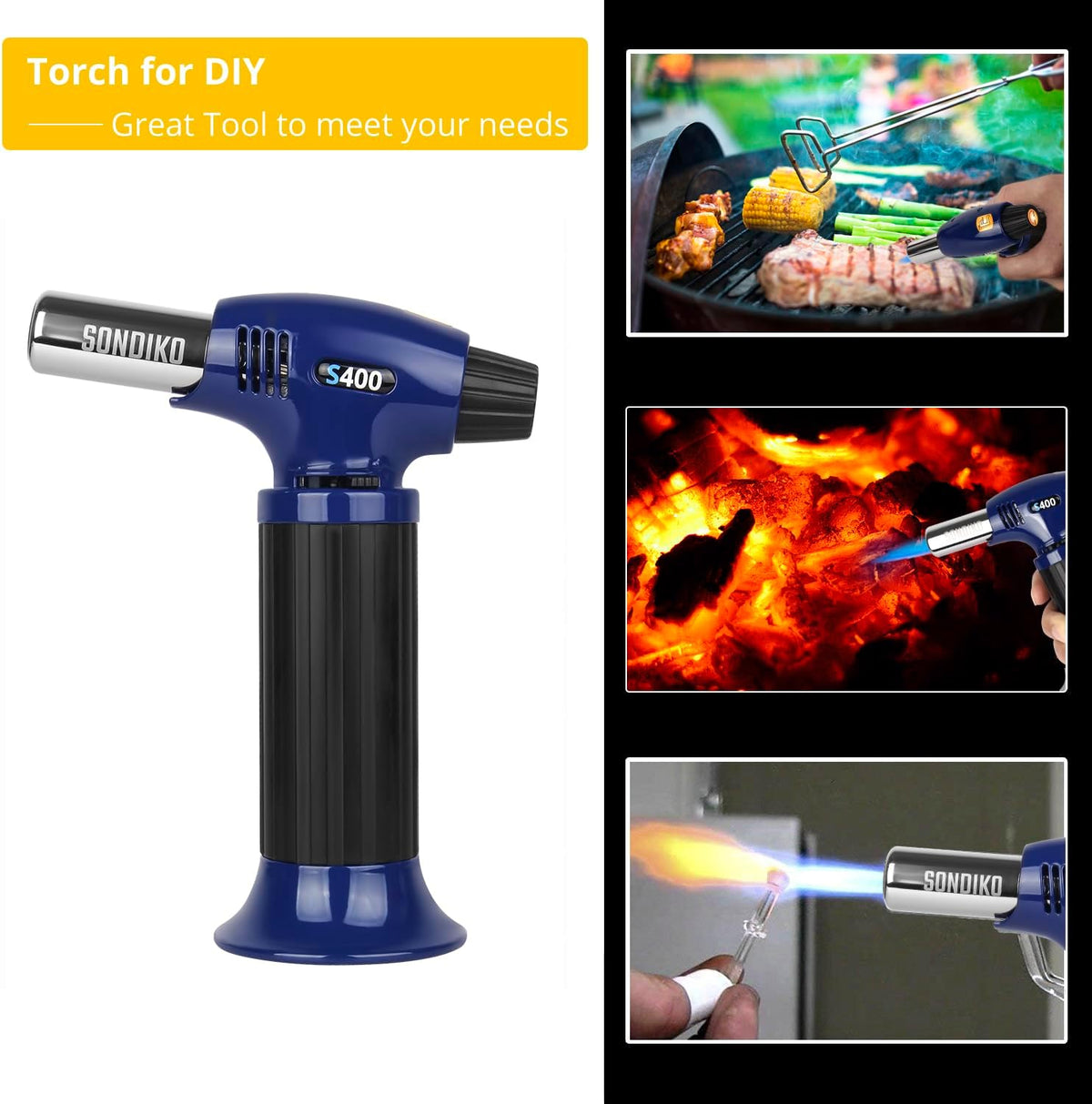 Sondiko Butane Torch Lighter S400, Refillable Kitchen Torch, Fit All Butane Tanks Blow Torch with Safety Lock and Adjustable Flame for Desserts, Creme Brulee, and Baking(Blue & Black) - PuriLite