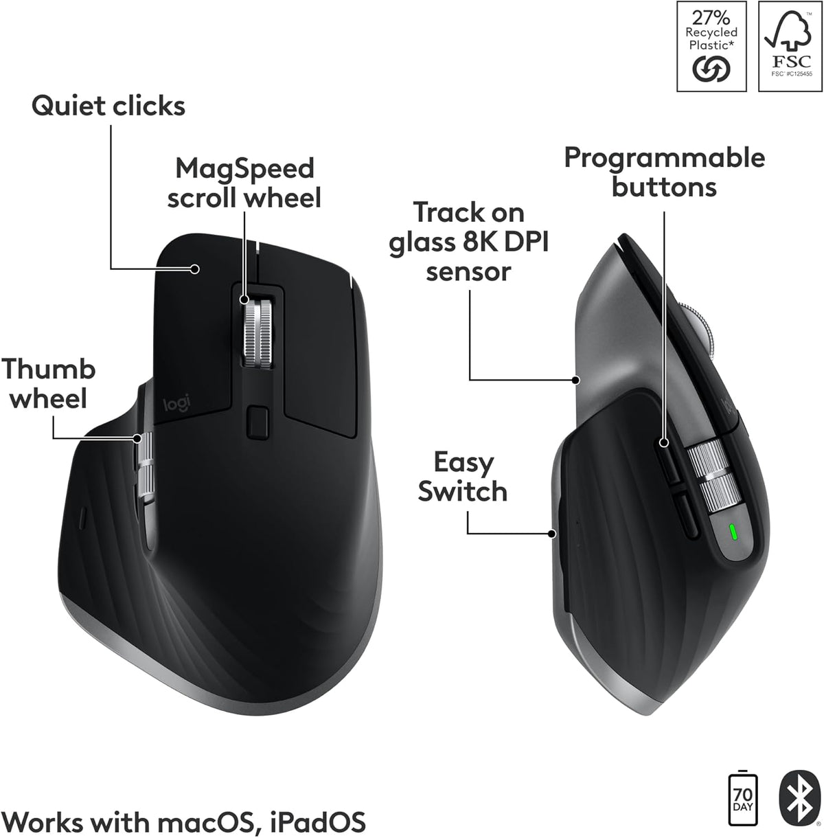 Logitech MX Keys S Combo for Mac, Wireless Keyboard and Mouse with Palm Rest, Backlit Keyboard, Fast Scroll Wireless Mouse, Bluetooth USB C for MacBook Pro, MacBook Air, iMac, iPad - Space Grey - PuriLite