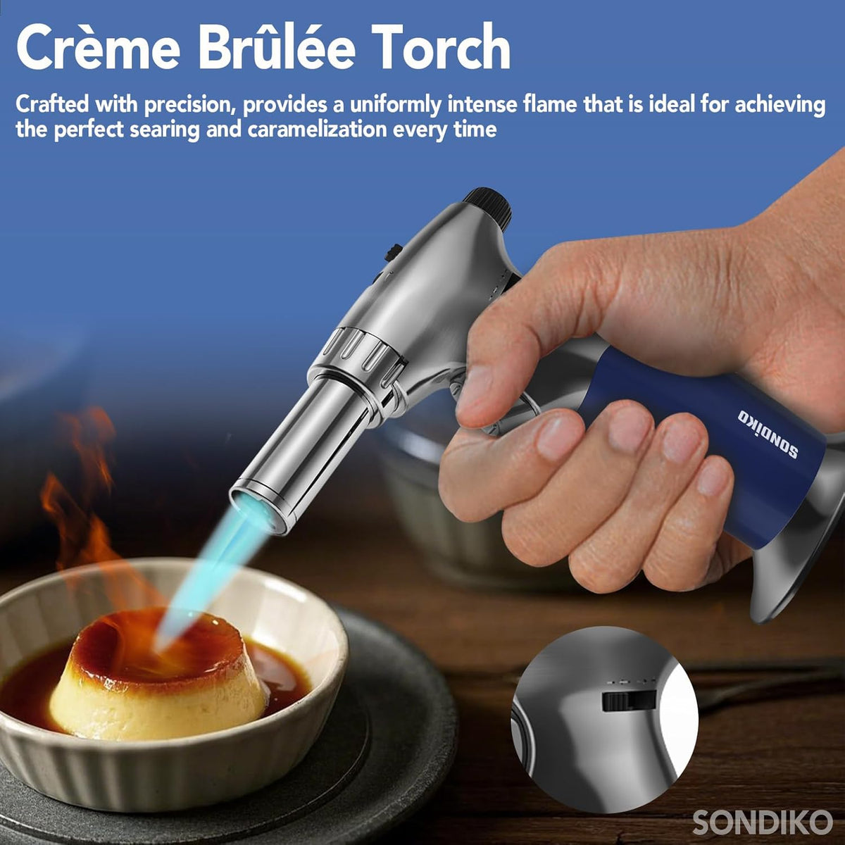 Sondiko Butane Dual Adjustable Flame Size Butane Torch Lighter, Mini Blow Torch, Refillable Kitchen Torch with Continuous Flame Lock for Creme Brulee, Cooking - PuriLite