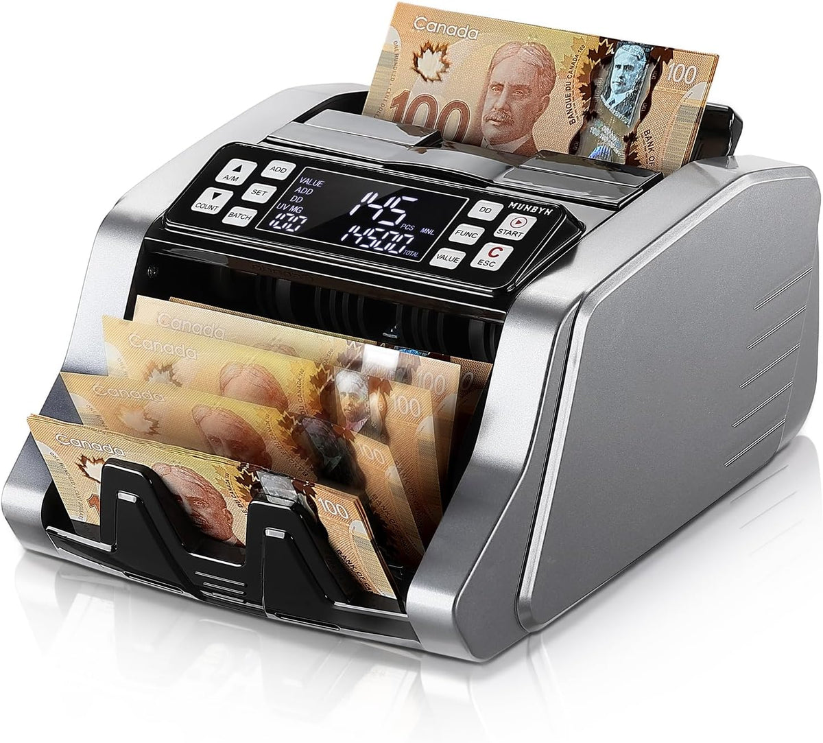 MUNBYN IMC20 Money Counter Machine Canadian with Value Count, UV/MG/IR/MT Counterfeit Detection for USD/CAD Bills, Add/Batch/Value Modes Cash Counter, LED External Display Bill Counter, 2Y Protection - PuriLite