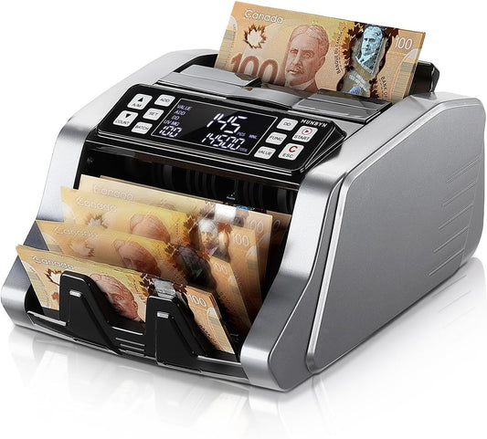 MUNBYN IMC20 Money Counter Machine Canadian with Value Count, UV/MG/IR/MT Counterfeit Detection for USD/CAD Bills, Add/Batch/Value Modes Cash Counter, LED External Display Bill Counter, 2Y Protection - PuriLite