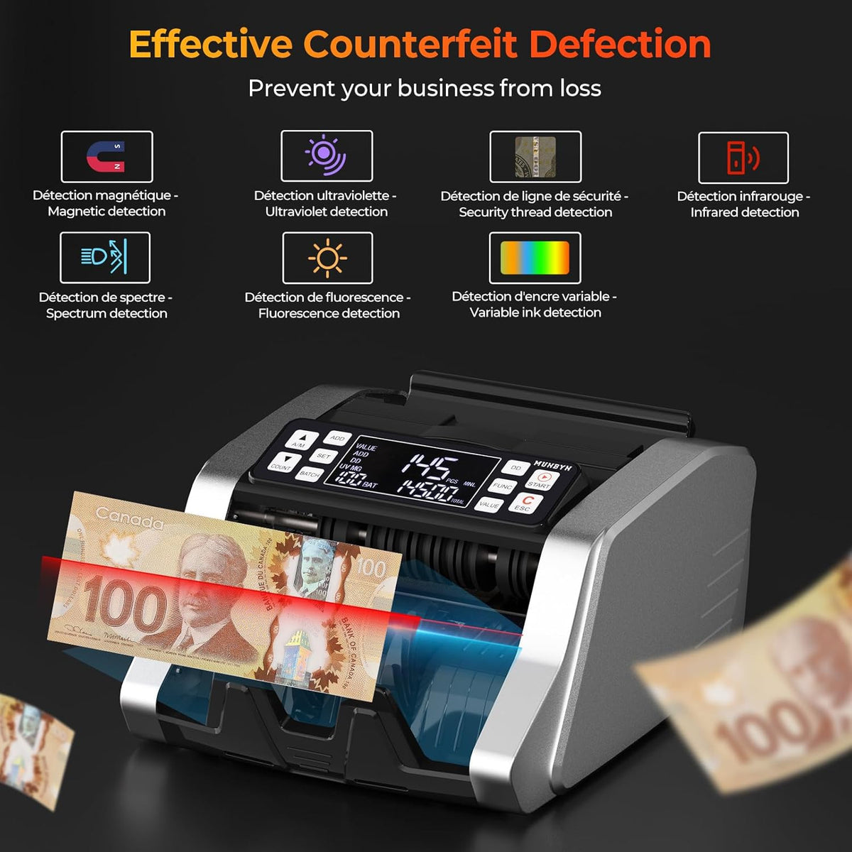MUNBYN IMC20 Money Counter Machine Canadian with Value Count, UV/MG/IR/MT Counterfeit Detection for USD/CAD Bills, Add/Batch/Value Modes Cash Counter, LED External Display Bill Counter, 2Y Protection - PuriLite