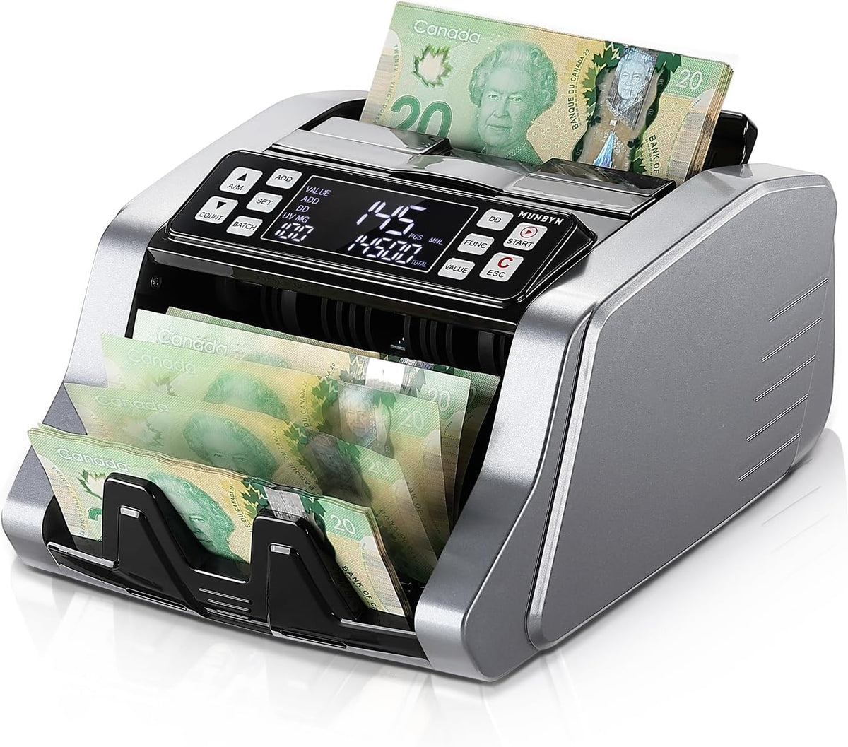 MUNBYN IMC20 Money Counter Machine Canadian with Value Count, UV/MG/IR/MT Counterfeit Detection for USD/CAD Bills, Add/Batch/Value Modes Cash Counter, LED External Display Bill Counter, 2Y Protection - PuriLite