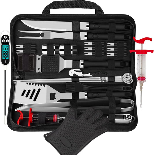 ROMANTICIST 26pcs Grilling Accessories Kit for Men Women, Stainless Steel Heavy Duty BBQ Tools with Glove and Corkscrew, Grill Utensils Set in Portable Canvas Bag for Outdoor,Camping,Backyard,Black - PuriLite