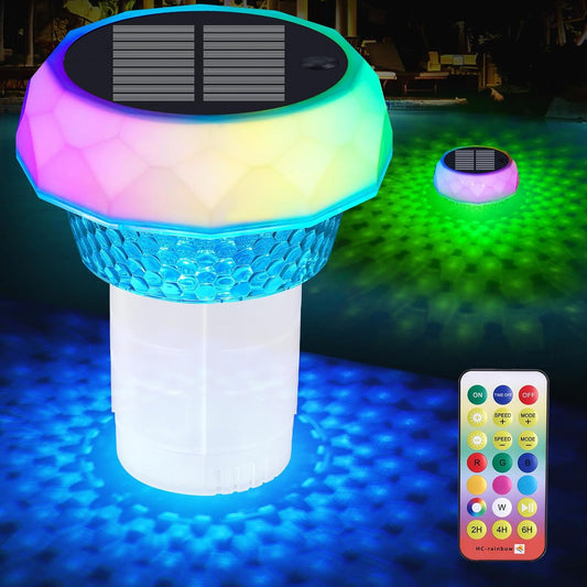 Pool Chlorine Floater with Solar Powered Lights,Floating Chlorine Dispenser for Tablets 4x3”(Tablets NOT Included),Easy Opening Chlorine Holder for Indoor & Outdoor Swimming Pool Hot Tub Spa (1) - PuriLite