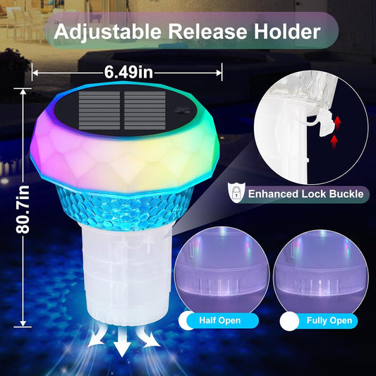 Pool Chlorine Floater with Solar Powered Lights,Floating Chlorine Dispenser for Tablets 4x3”(Tablets NOT Included),Easy Opening Chlorine Holder for Indoor & Outdoor Swimming Pool Hot Tub Spa (1) - PuriLite