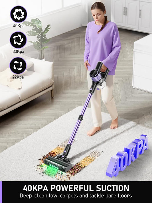 Cordless Vacuum Cleaner, 10-in-1 Vacuum Cleaners for Home, 28.75 in Hose, Rechargeable Battery Stick Vacuums, Green LED Light, Anti-Tangle,Wireless Vacuum for Carpet Tile Pet Hair - PuriLite
