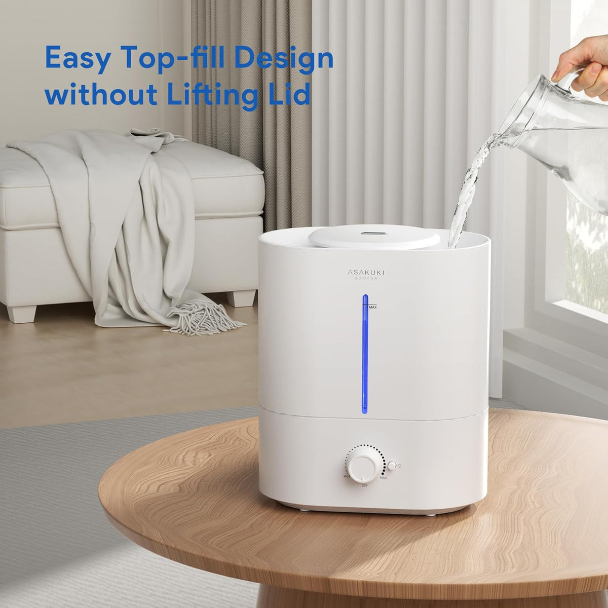 ASAKUKI Humidifiers for Bedroom Large Room, 4L Top Fill Cool Mist Air Humidifier for Plants Baby, 40H Runtime, Essential Oil Diffuser, Night Light, Auto Shut Off, Easy Clean - PuriLite